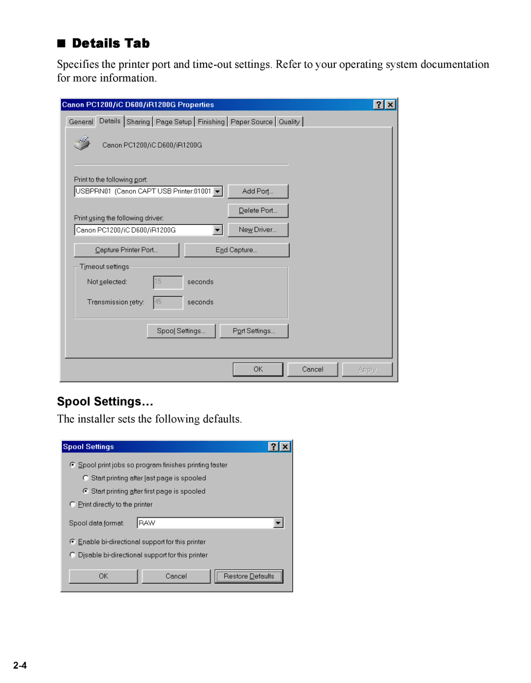 Canon iR1230G, iR1210G manual Details Tab, Spool Settings… 