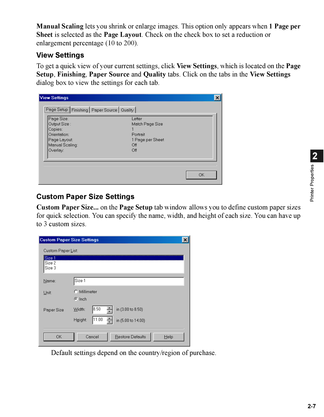 Canon iR1210G, iR1230G manual View Settings, Custom Paper Size Settings 