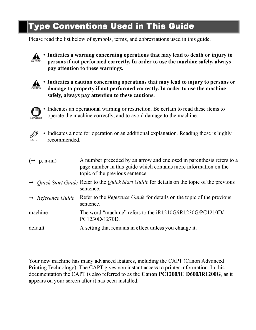 Canon iR1210G, iR1230G manual Type Conventions Used in This Guide, Reference Guide 