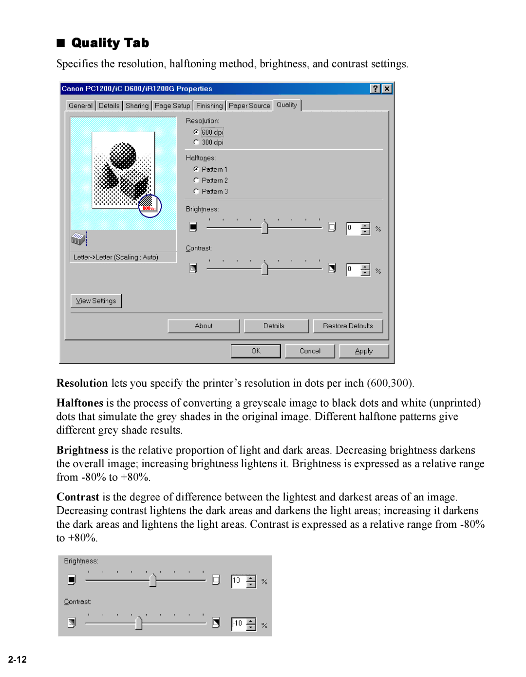 Canon iR1230G, iR1210G manual Quality Tab 