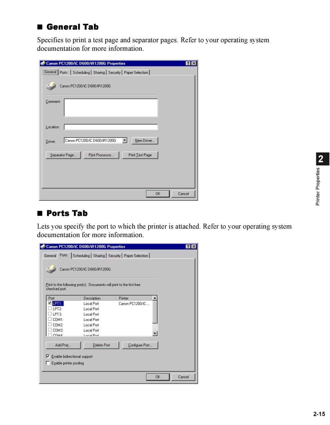 Canon iR1210G, iR1230G manual General Tab, Ports Tab 