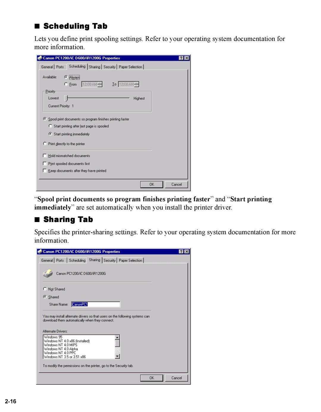 Canon iR1230G, iR1210G manual Scheduling Tab, Sharing Tab 