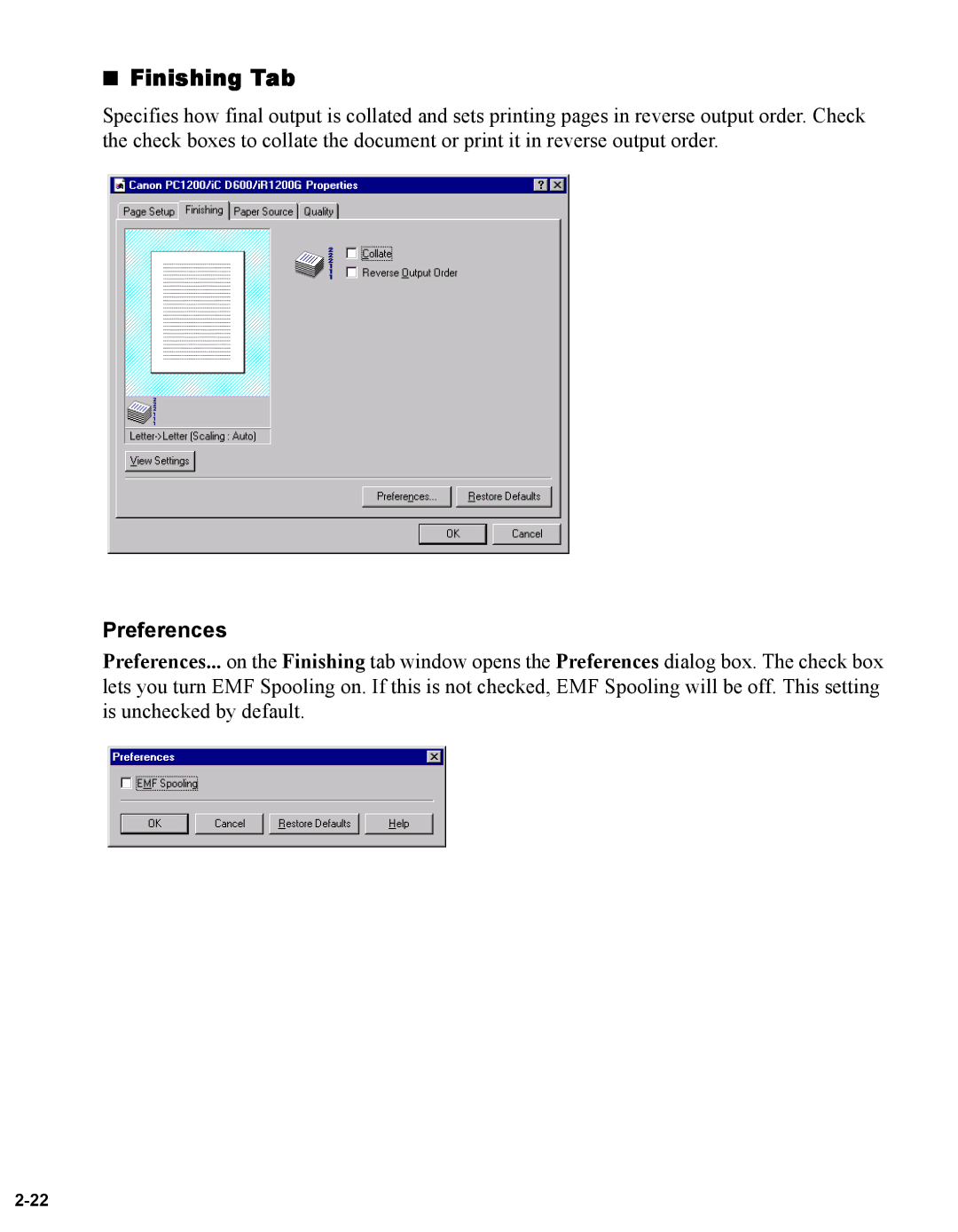 Canon iR1230G, iR1210G manual Finishing Tab, Preferences 