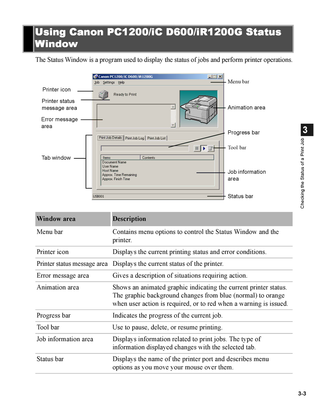 Canon iR1210G, iR1230G manual Using Canon PC1200/iC D600/iR1200G Status Window, Window area Description 