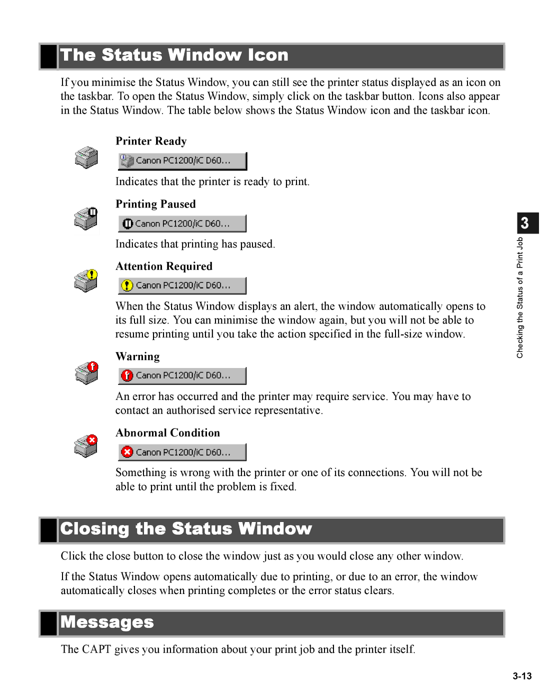 Canon iR1210G, iR1230G manual Status Window Icon, Closing the Status Window, Messages 