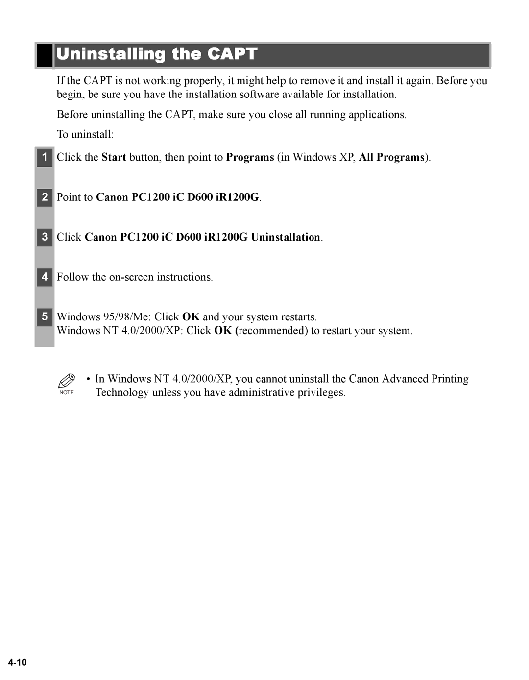 Canon iR1230G, iR1210G manual Uninstalling the Capt 