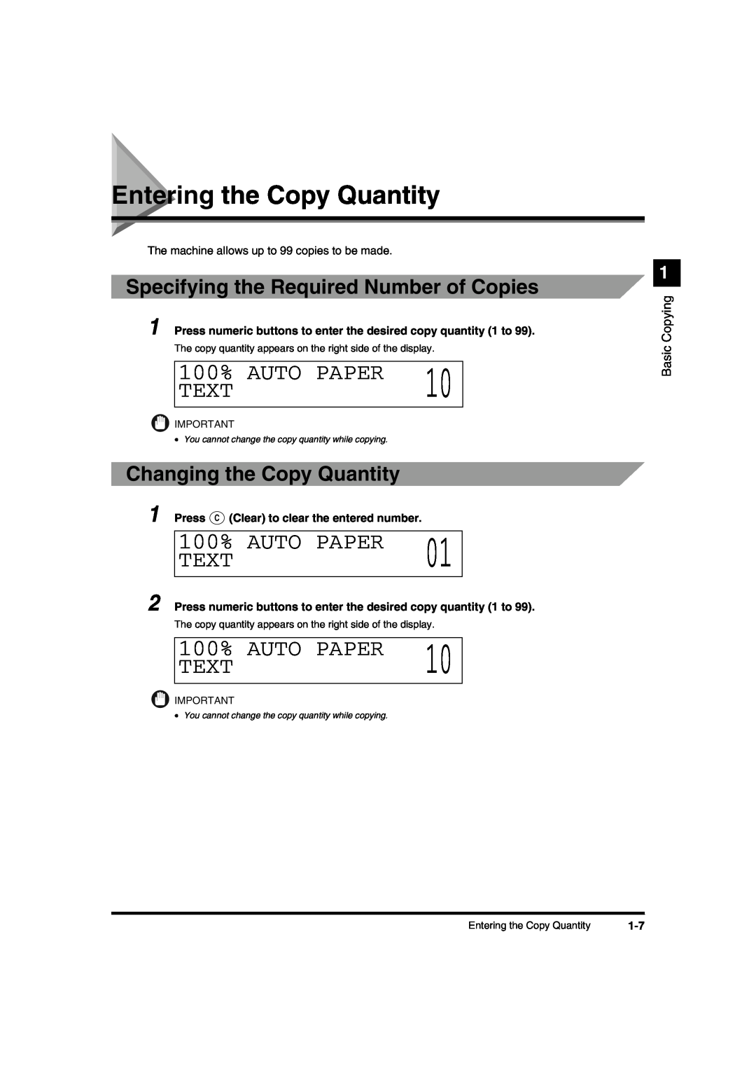 Canon IR1600 Entering the Copy Quantity, 100%, Auto Paper, Text, Specifying the Required Number of Copies, Basic Copying 