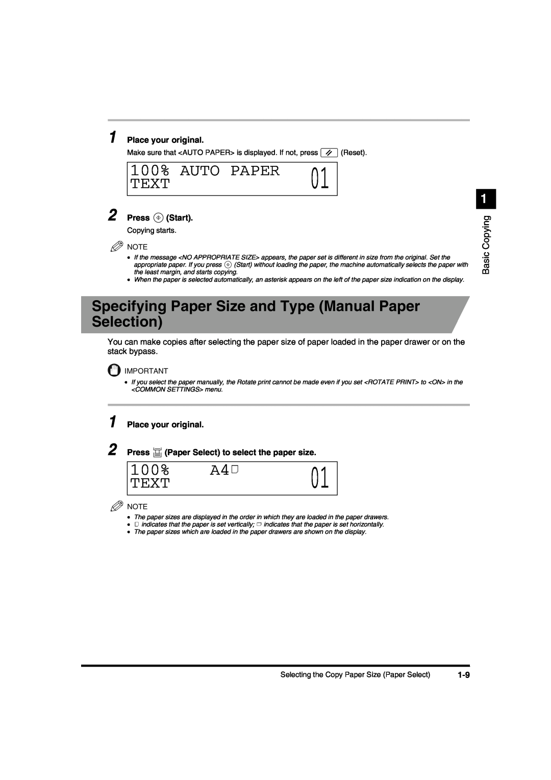 Canon IR1600 Specifying Paper Size and Type Manual Paper Selection, Press Start, 100%, Auto Paper, Text, Basic Copying 