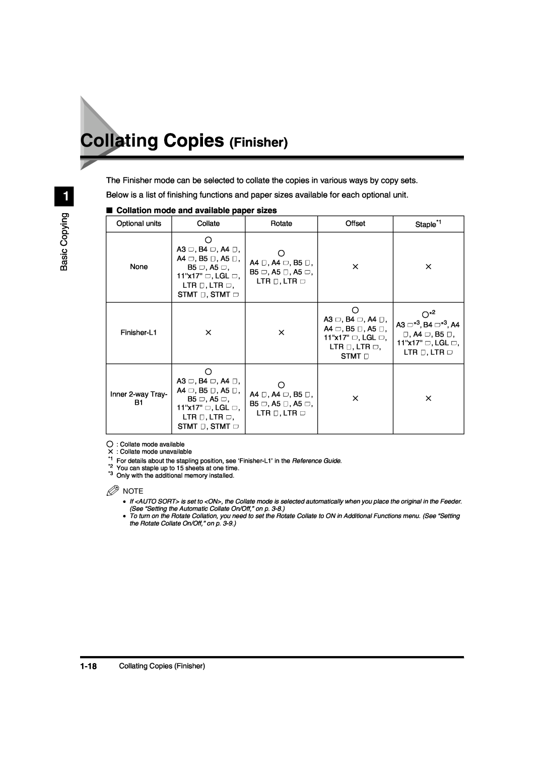 Canon IR1600 manual Collating Copies Finisher, Collation mode and available paper sizes, Basic Copying 