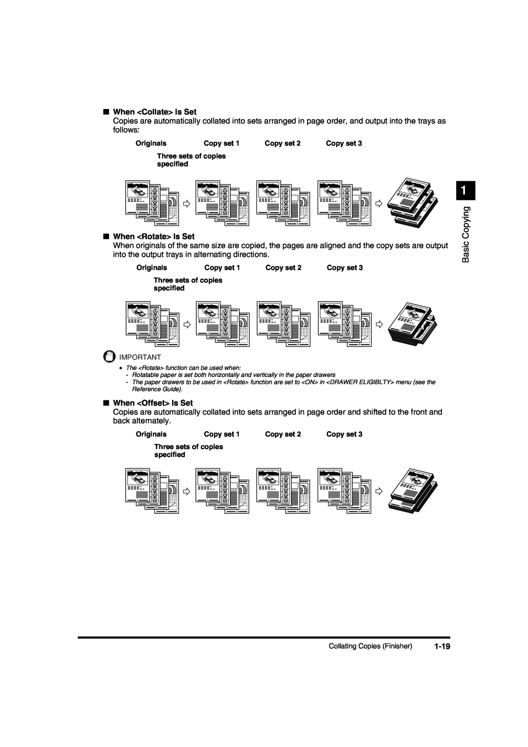 Canon IR1600 manual When Collate Is Set, When Rotate Is Set, When Offset Is Set, 1-19, Basic Copying 