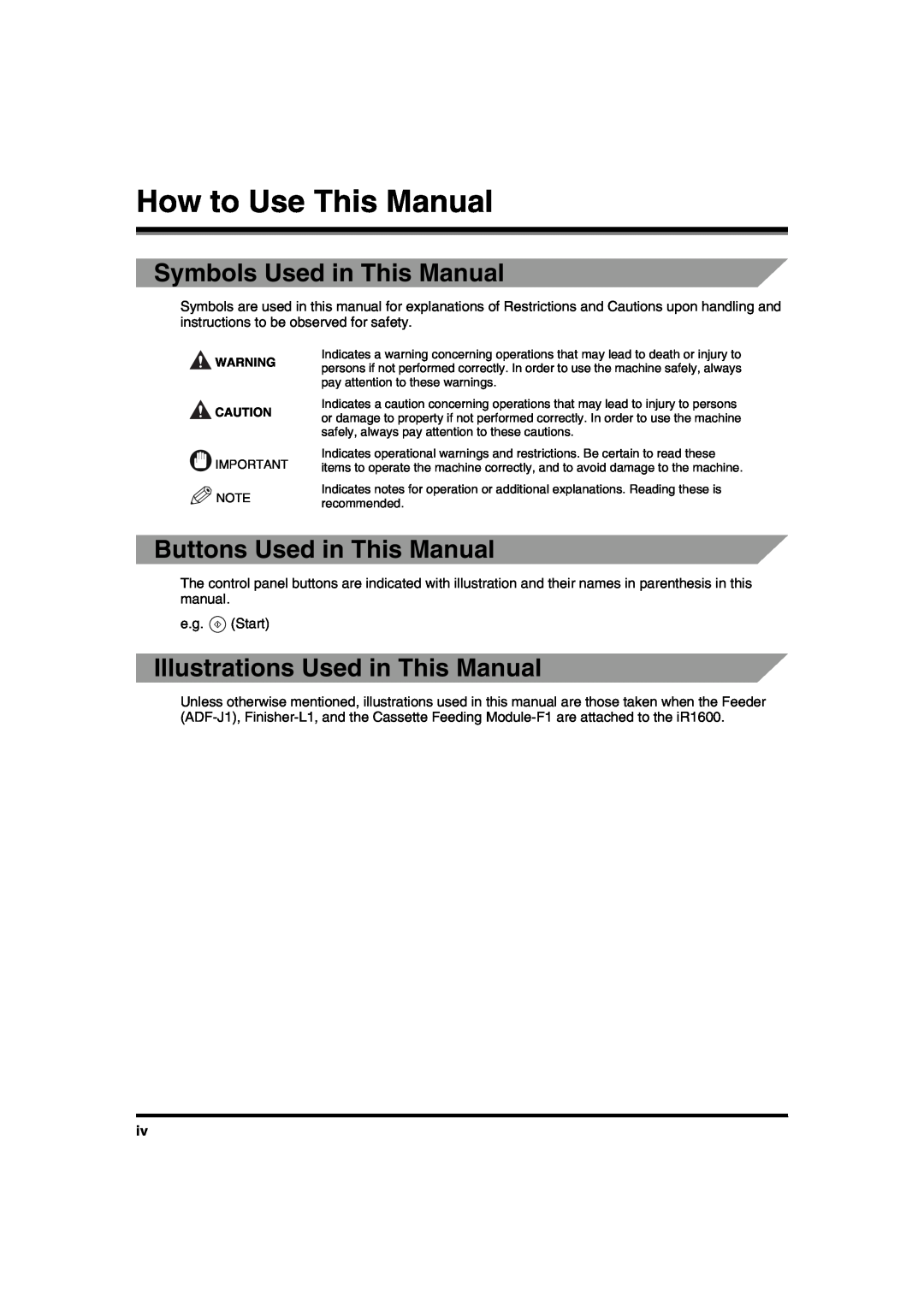 Canon IR1600 manual How to Use This Manual, Symbols Used in This Manual, Buttons Used in This Manual 