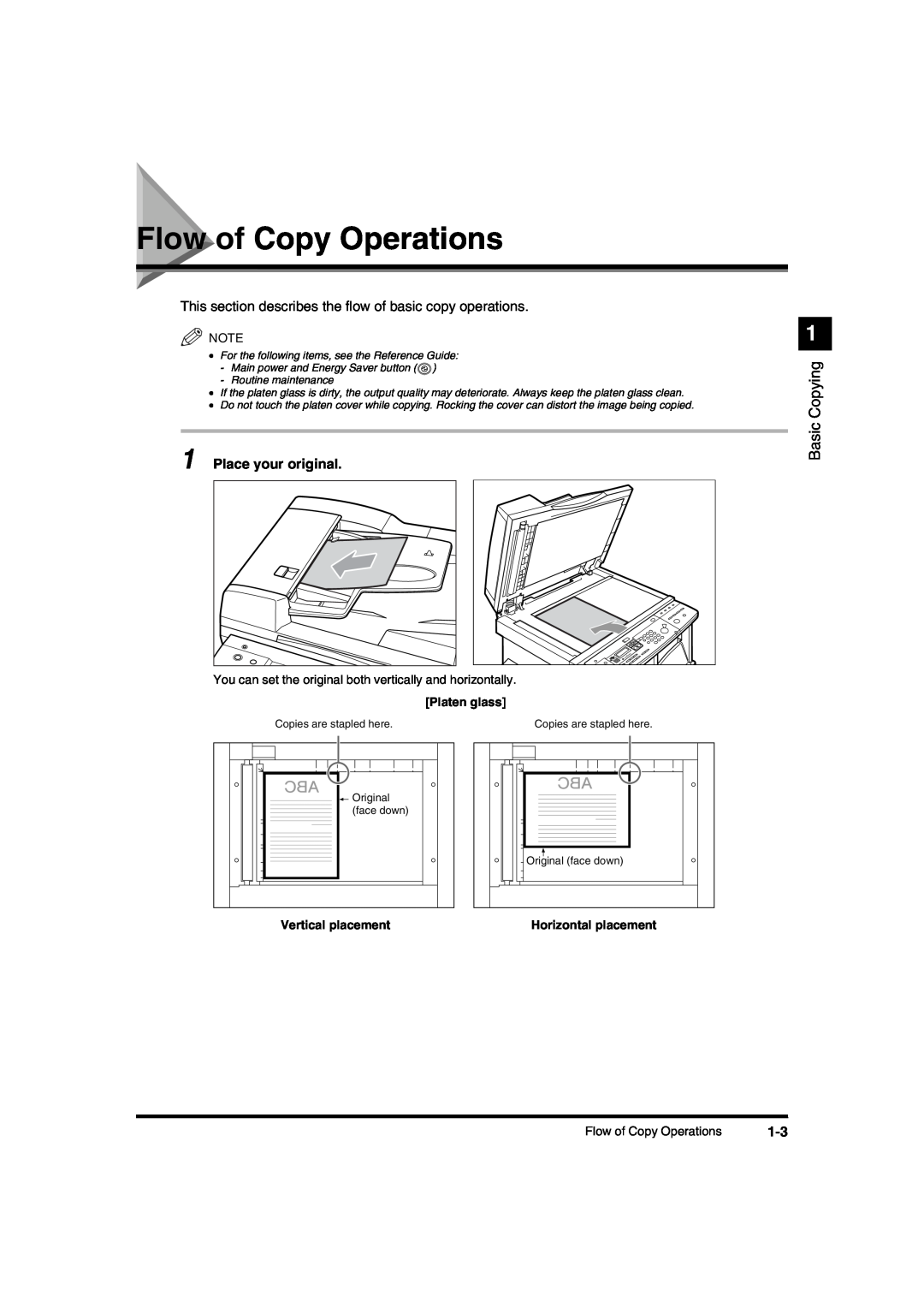 Canon IR1600 manual Flow of Copy Operations, Place your original, Basic Copying, Platen glass, Vertical placement 
