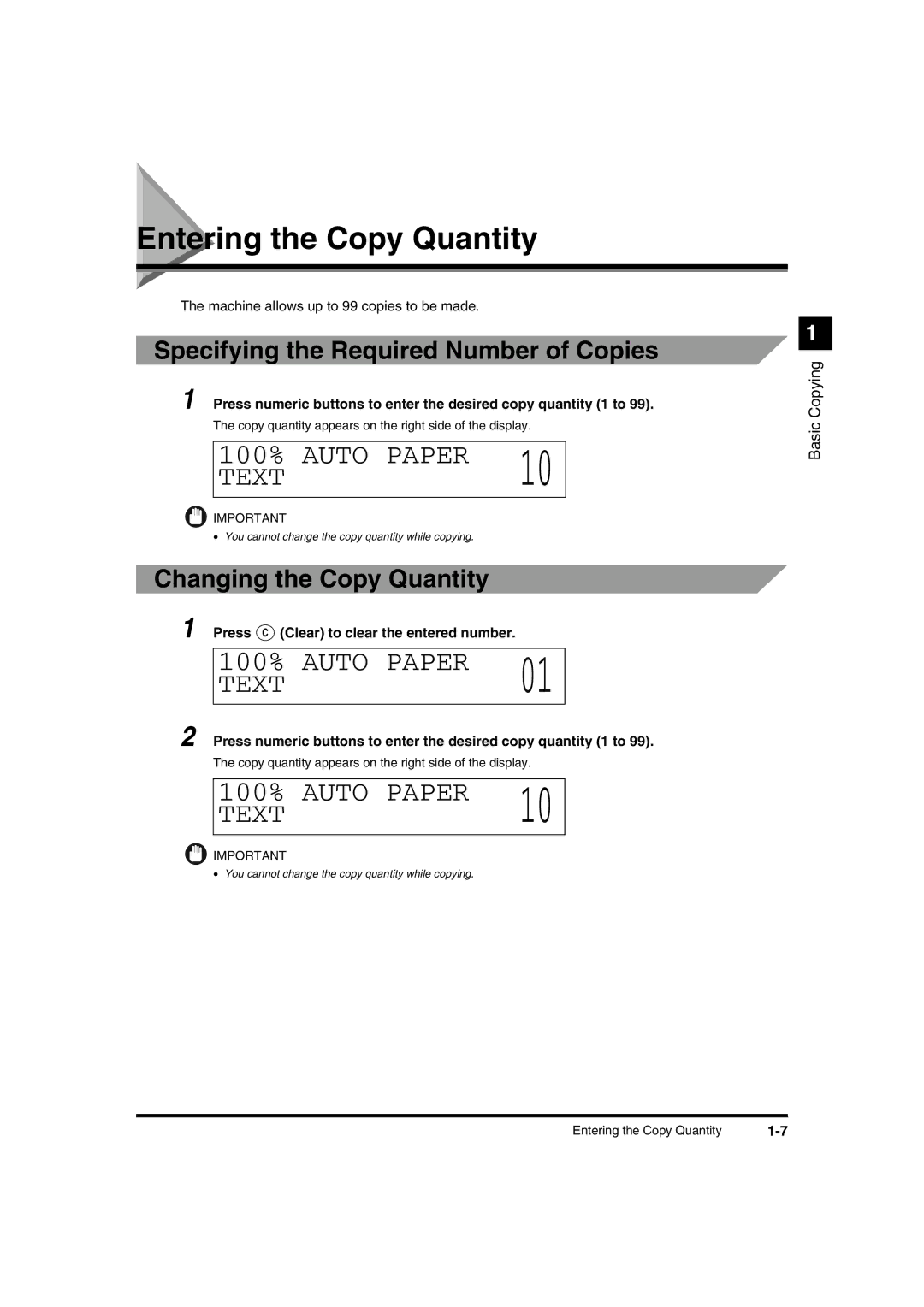 Canon IR1600 manual Entering the Copy Quantity, Auto Paper Text, Specifying the Required Number of Copies 