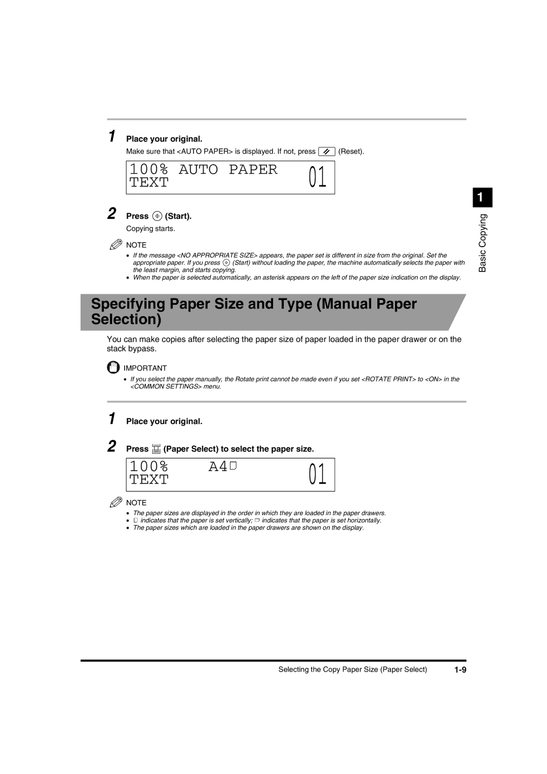 Canon IR1600 manual Specifying Paper Size and Type Manual Paper Selection, Place your original 