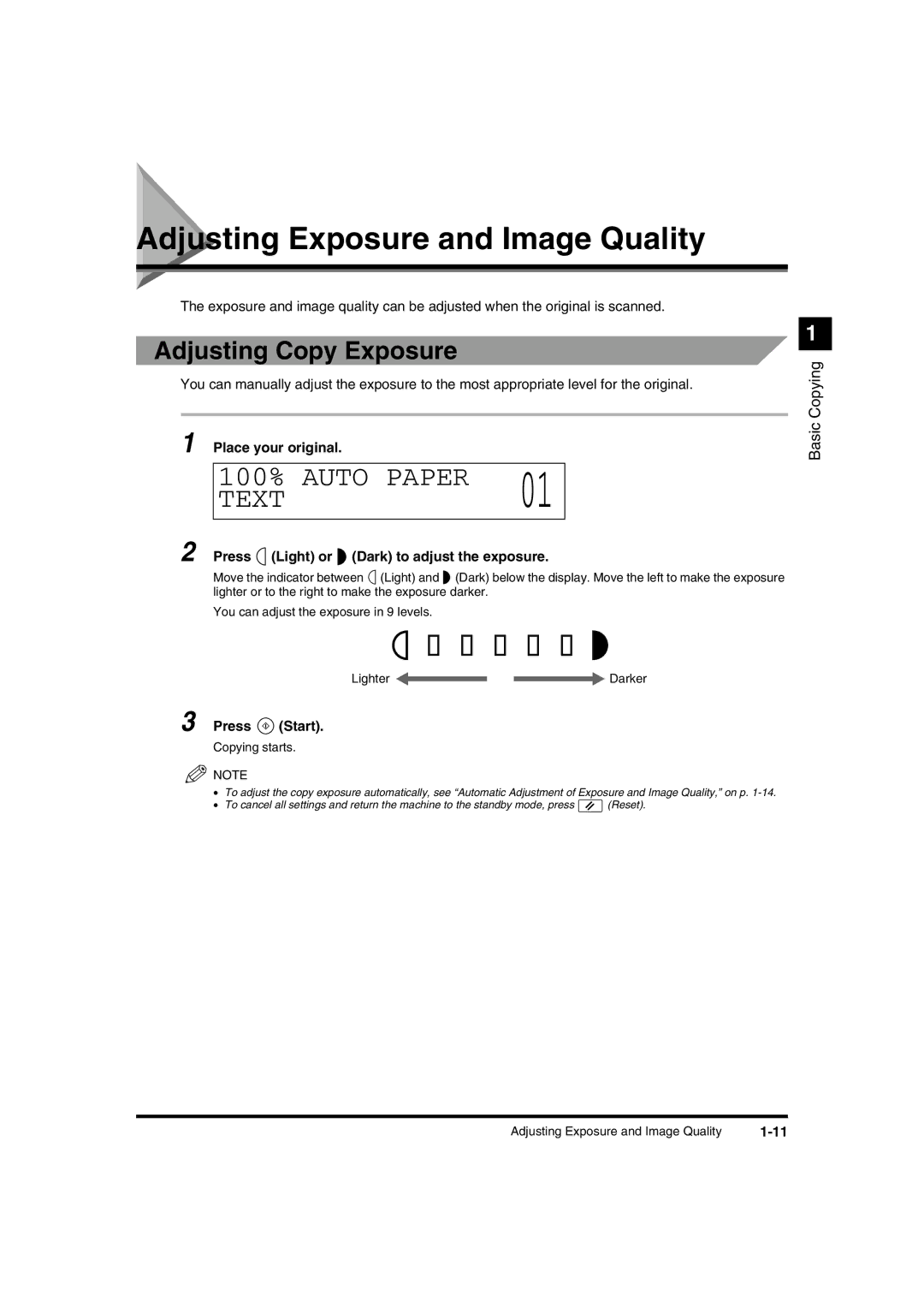 Canon IR1600 Adjusting Exposure and Image Quality, Adjusting Copy Exposure, Press Light or Dark to adjust the exposure 