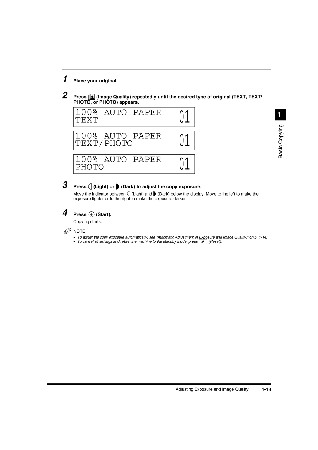 Canon IR1600 manual Auto Paper TEXT/PHOTO, Auto Paper Photo, Press Light or Dark to adjust the copy exposure 