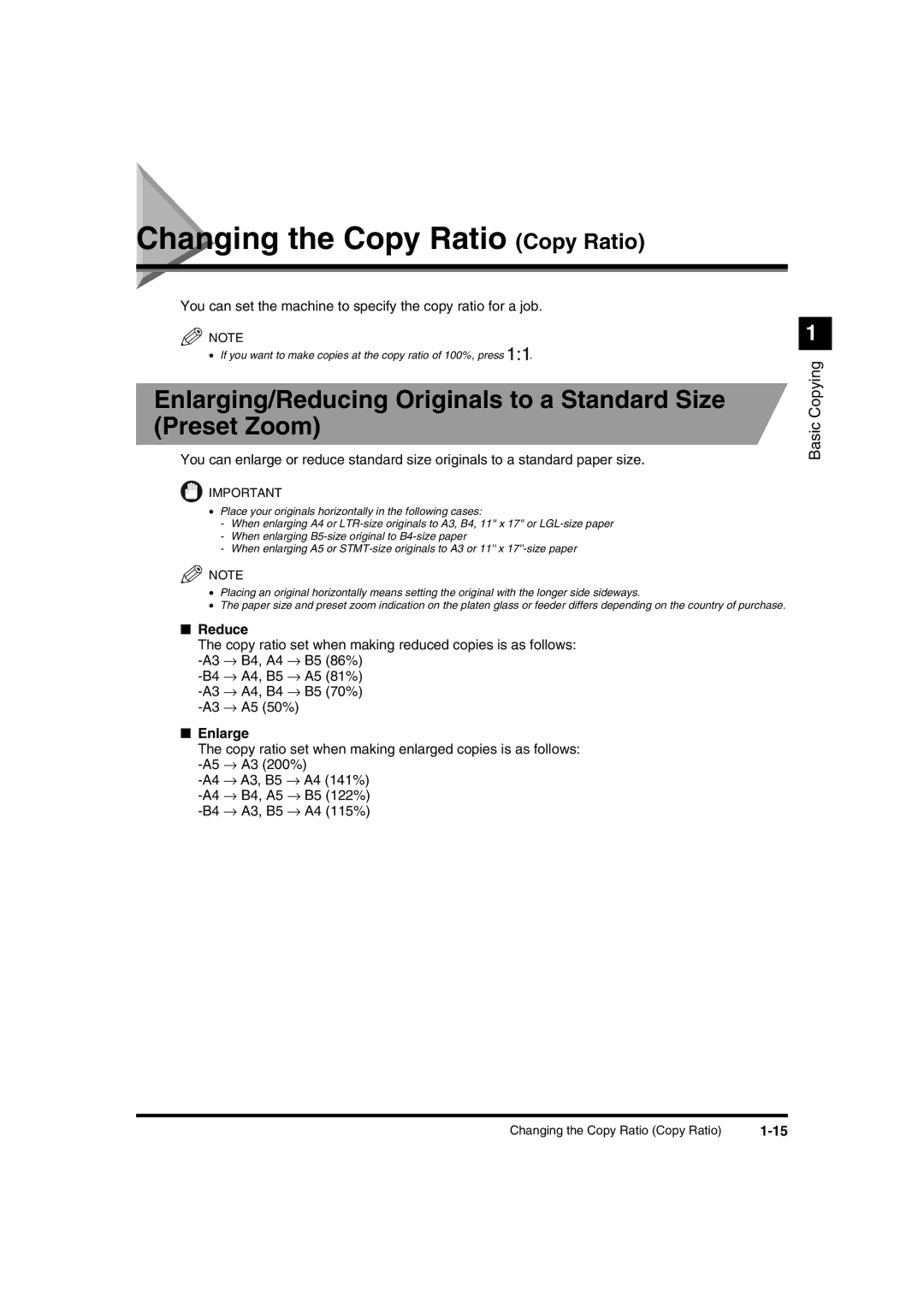 Canon IR1600 manual Changing the Copy Ratio Copy Ratio, Enlarging/Reducing Originals to a Standard Size Preset Zoom, Reduce 