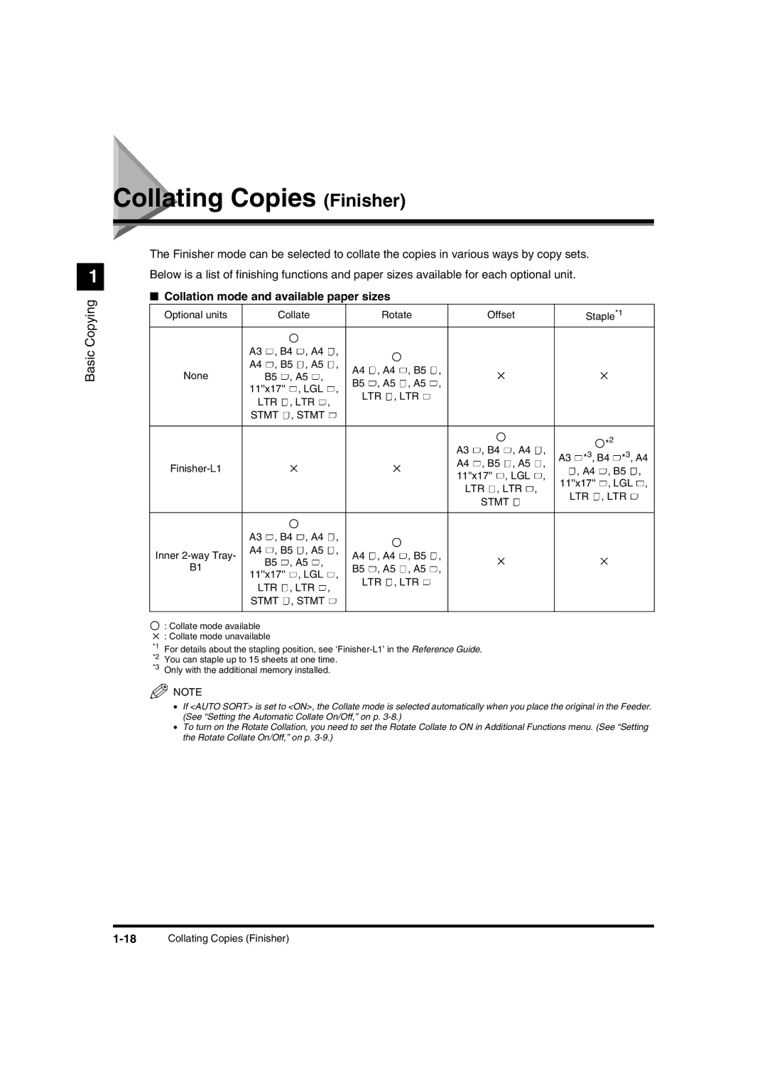 Canon IR1600 manual Collating Copies Finisher, Collation mode and available paper sizes 