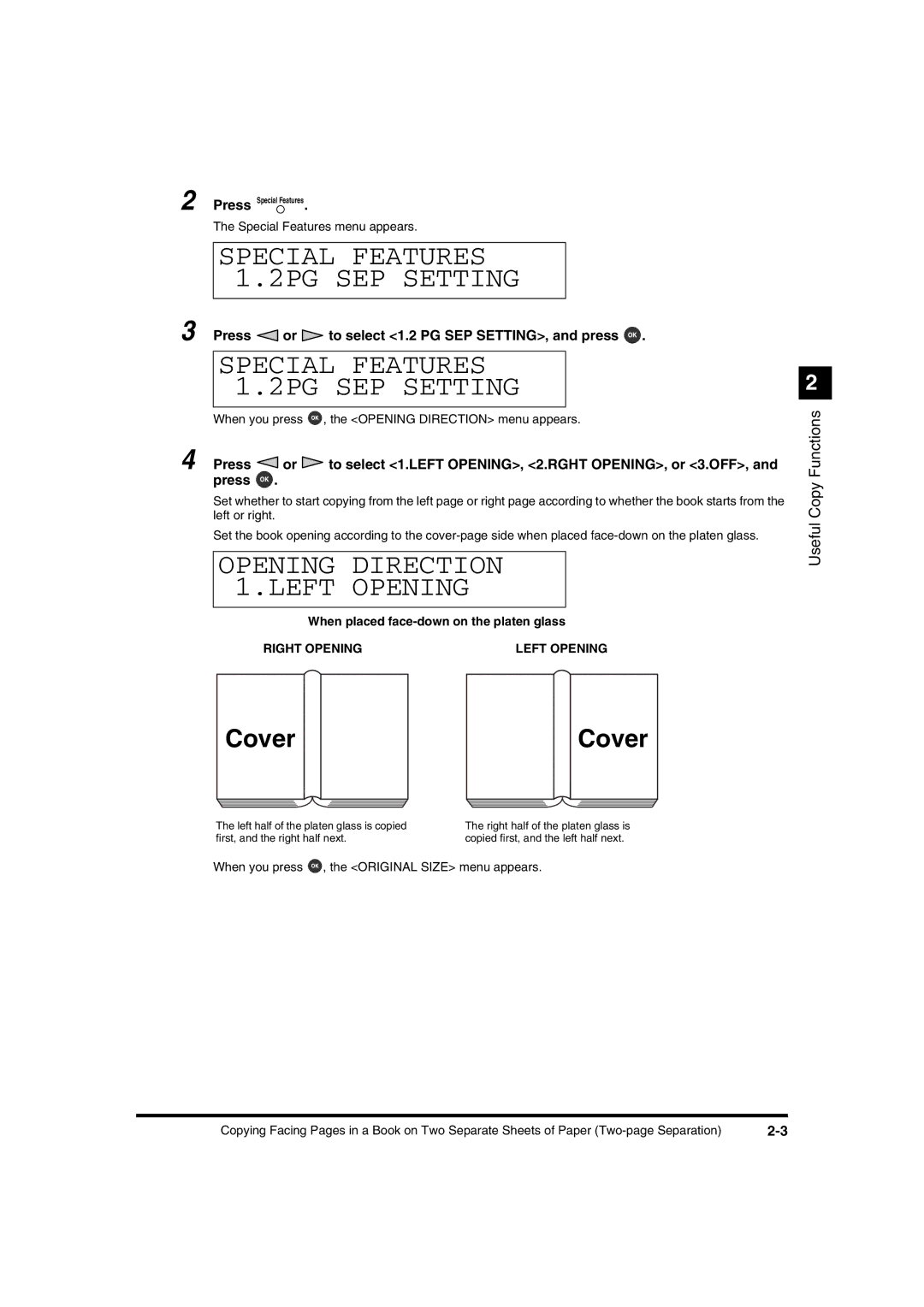 Canon IR1600 manual Special Features 1.2PG SEP Setting, Opening Direction 1.LEFT Opening, Cover 