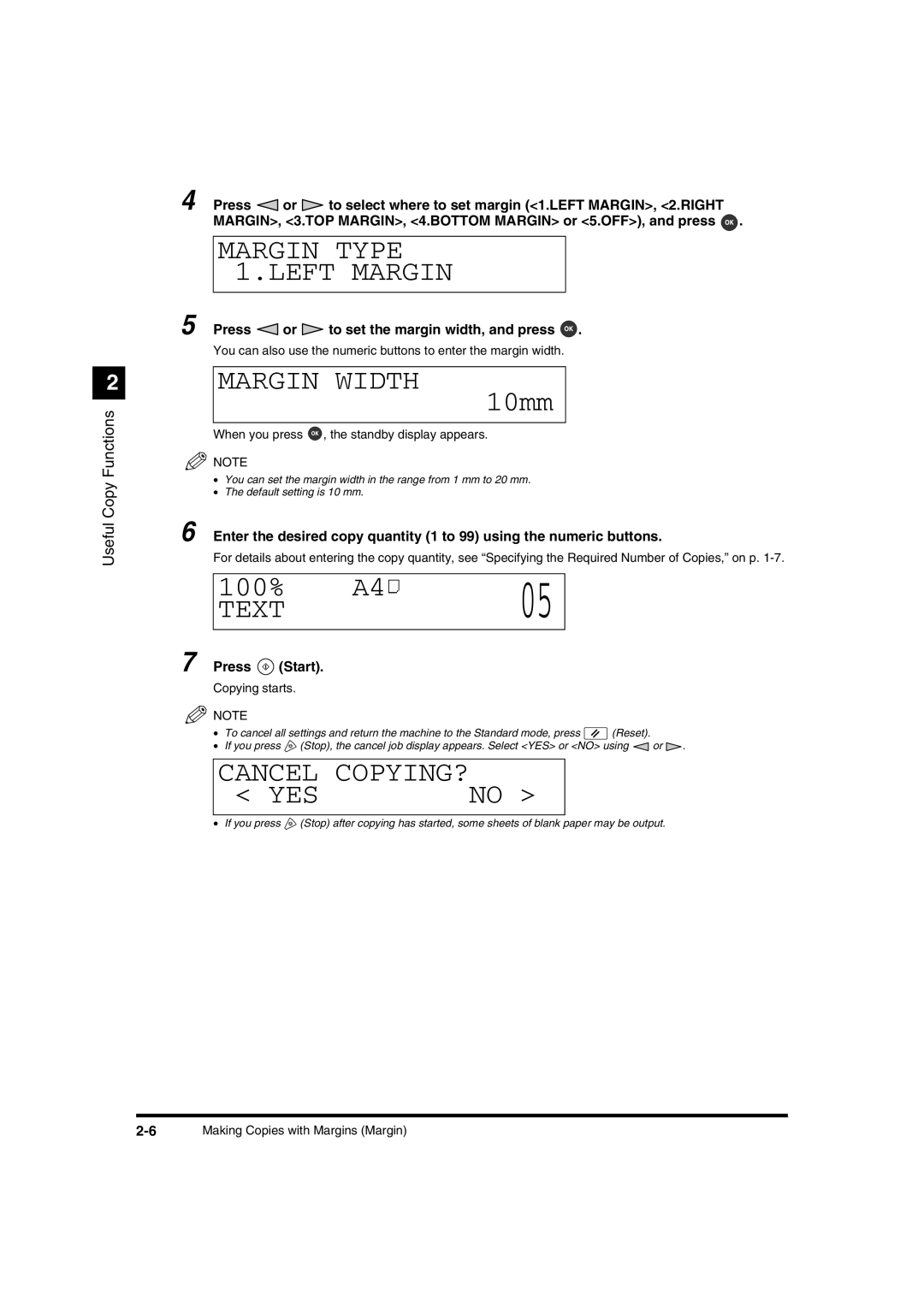 Canon IR1600 manual Margin Type 1.LEFT Margin, Margin Width, Press or to set the margin width, and press 