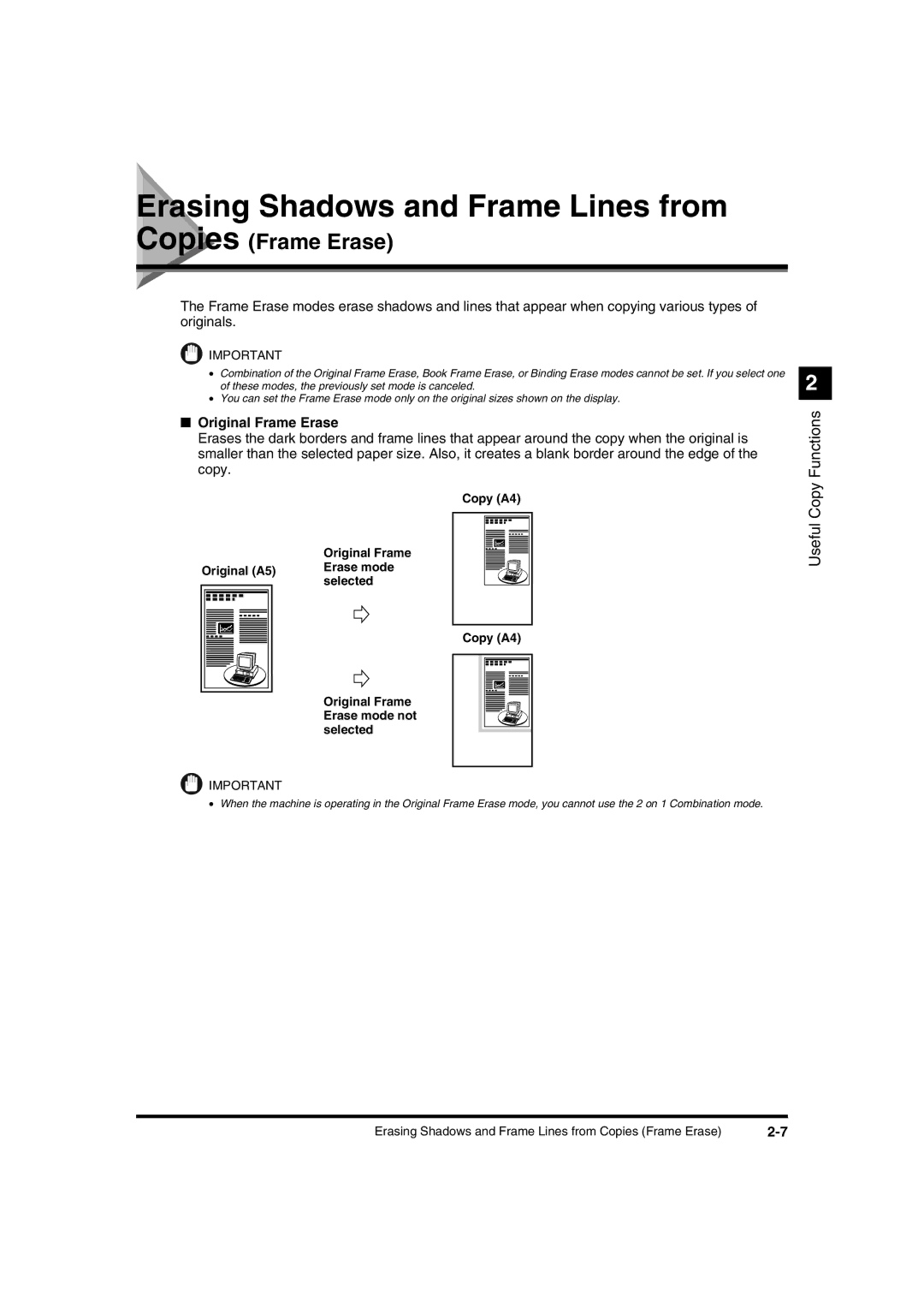 Canon IR1600 manual Erasing Shadows and Frame Lines from Copies, Original Frame Erase 