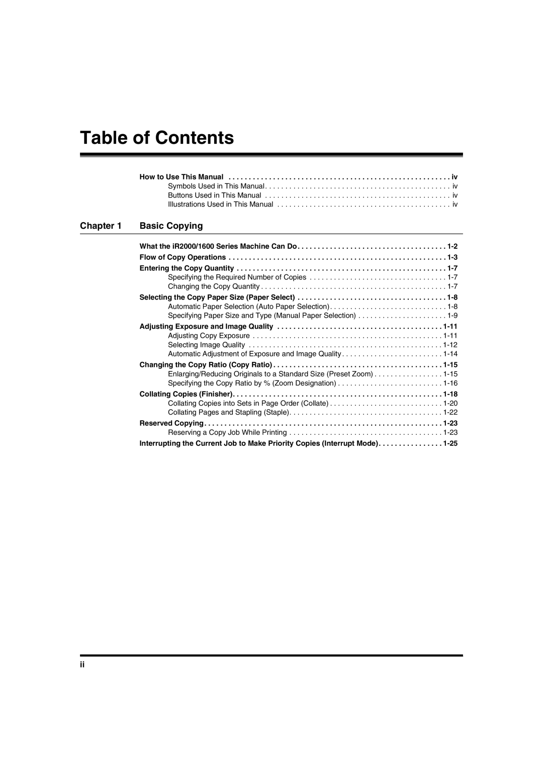 Canon IR1600 manual Table of Contents 