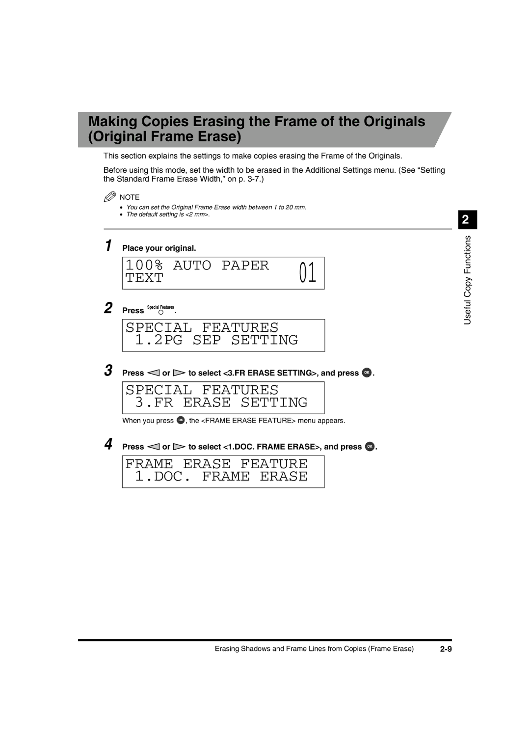 Canon IR1600 manual Special Features 3.FR Erase Setting, Frame Erase Feature 1.DOC. Frame Erase 