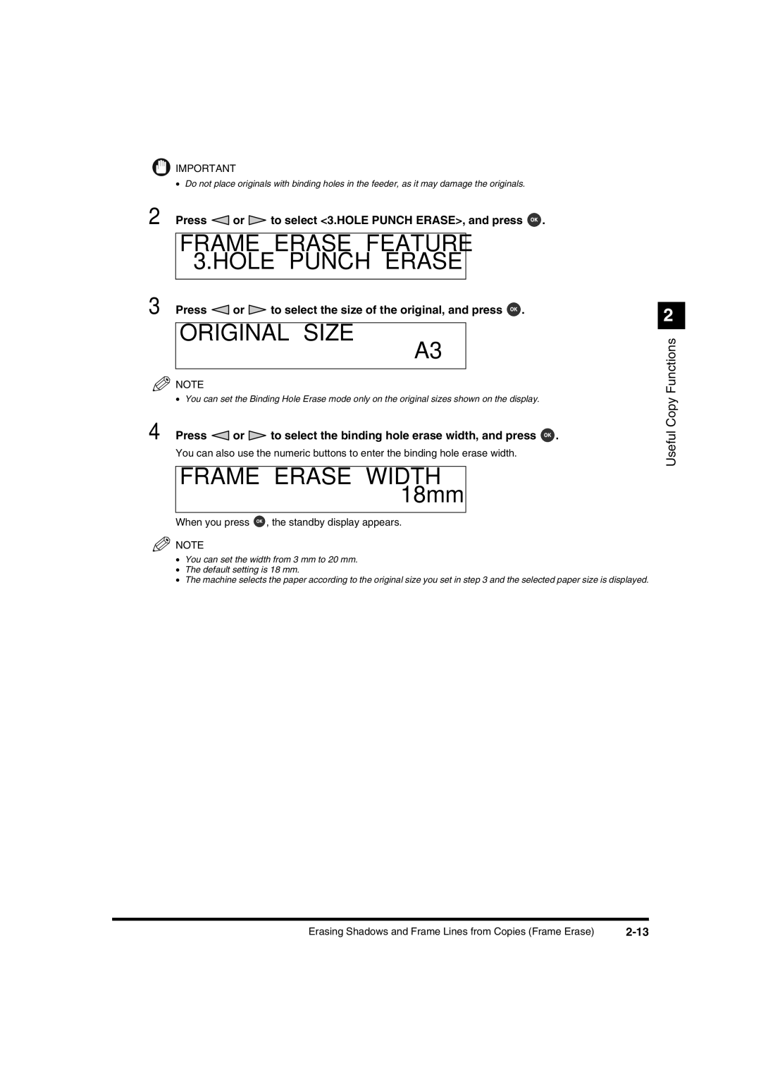 Canon IR1600 manual Frame Erase Feature 3.HOLE Punch Erase, Press or to select 3.HOLE Punch ERASE, and press 