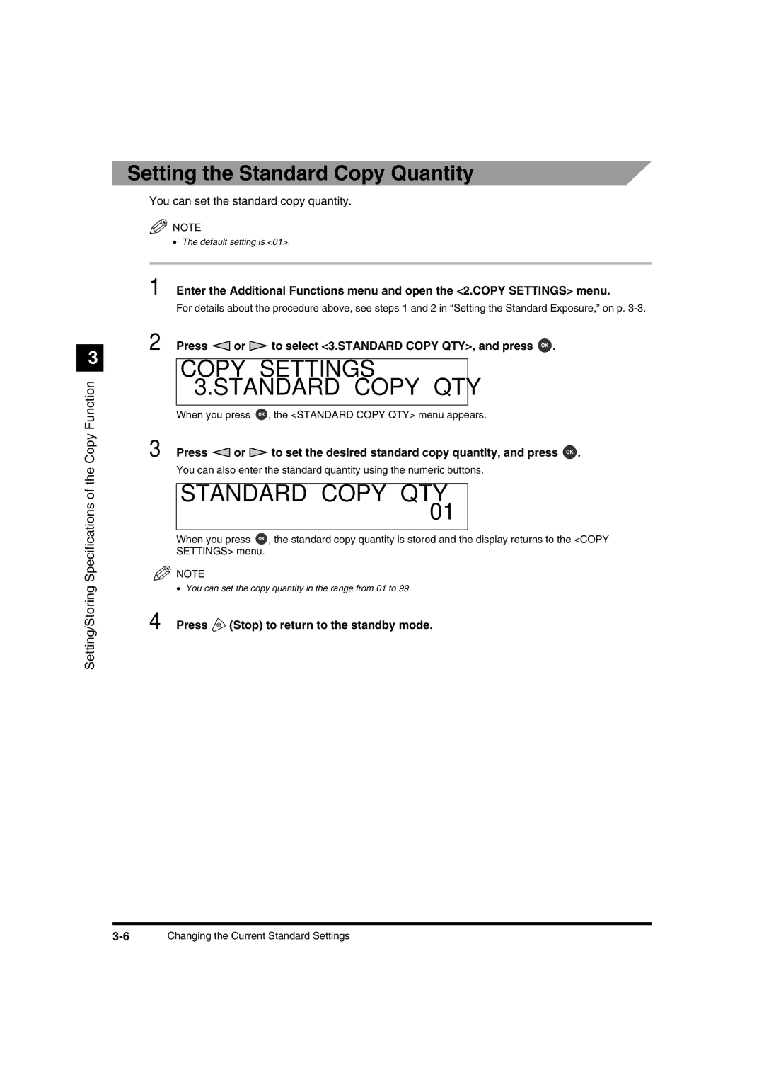 Canon IR1600 manual Copy Settings 3.STANDARD Copy QTY, Standard Copy QTY, Setting the Standard Copy Quantity 