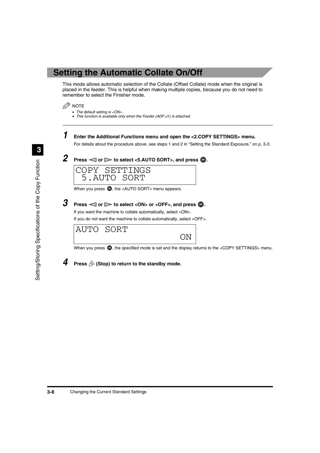 Canon IR1600 Copy Settings Auto Sort, Setting the Automatic Collate On/Off, Press or to select 5.AUTO SORT, and press 