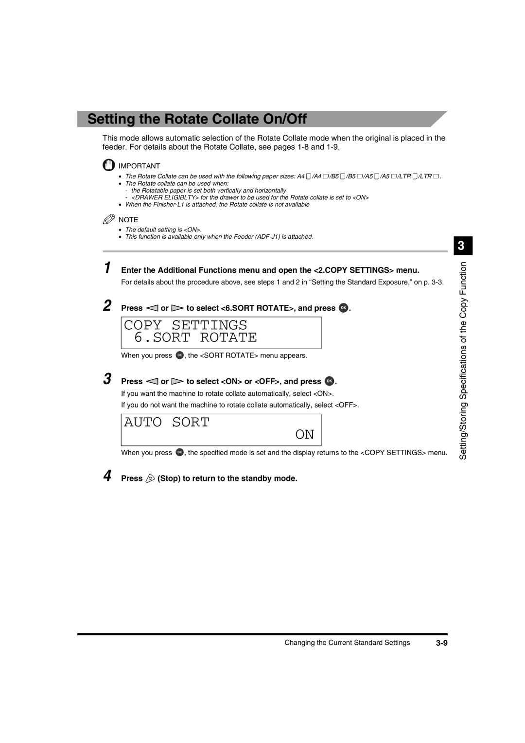 Canon IR1600 Copy Settings 6.SORT Rotate, Setting the Rotate Collate On/Off, Press or to select 6.SORT ROTATE, and press 