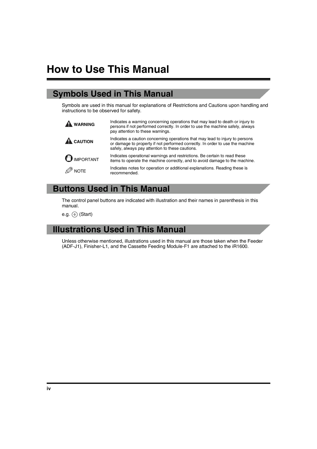 Canon IR1600 manual How to Use This Manual, Symbols Used in This Manual, Buttons Used in This Manual 