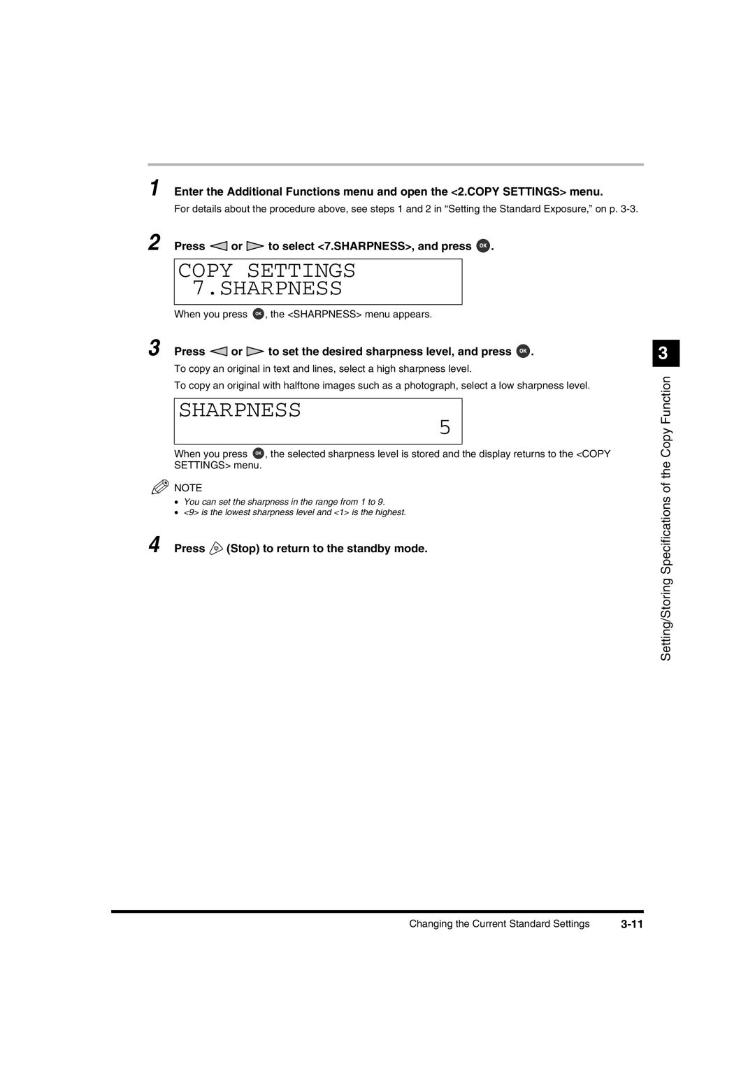 Canon IR1600 manual Copy Settings Sharpness, Press or to select 7.SHARPNESS, and press 