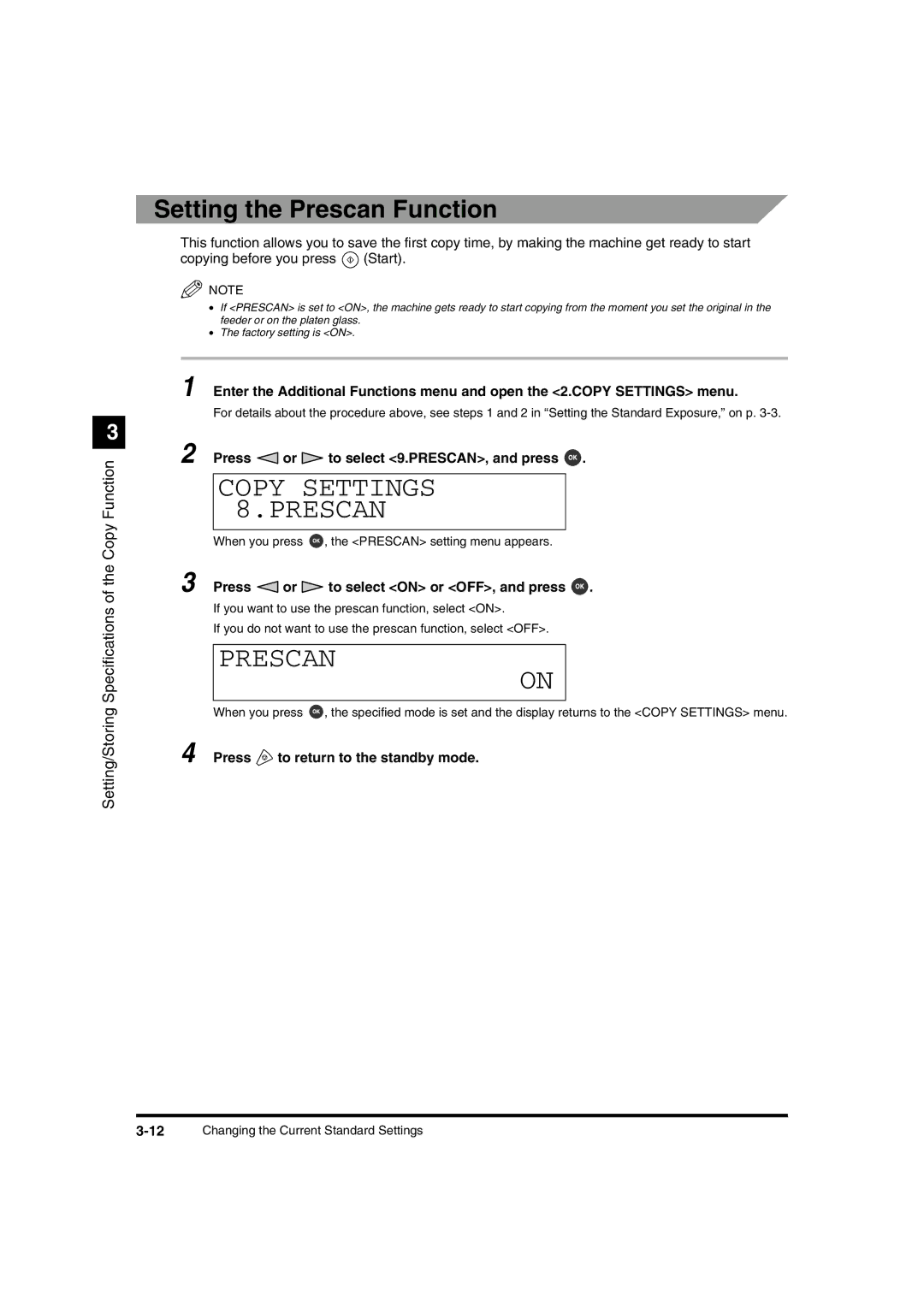 Canon IR1600 manual Copy Settings 8.PRESCAN, Setting the Prescan Function, Press or to select 9.PRESCAN, and press 