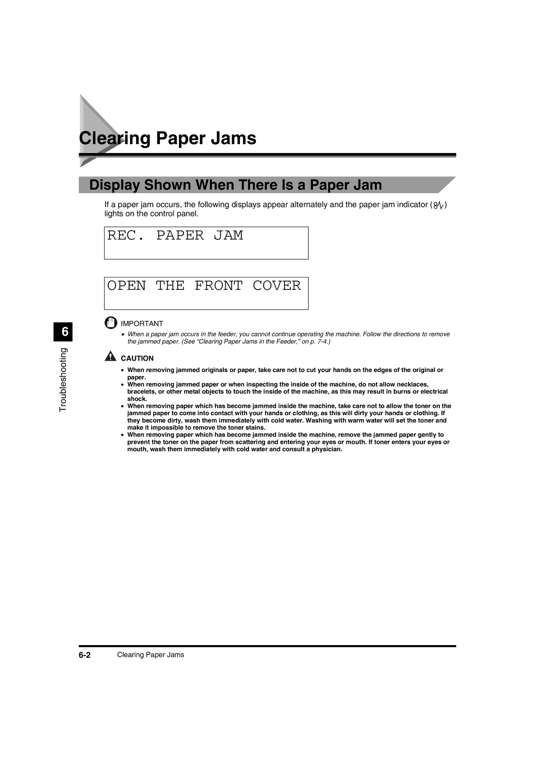 Canon IR1600 manual Clearing Paper Jams, REC. Paper JAM Open the Front Cover, Display Shown When There Is a Paper Jam 