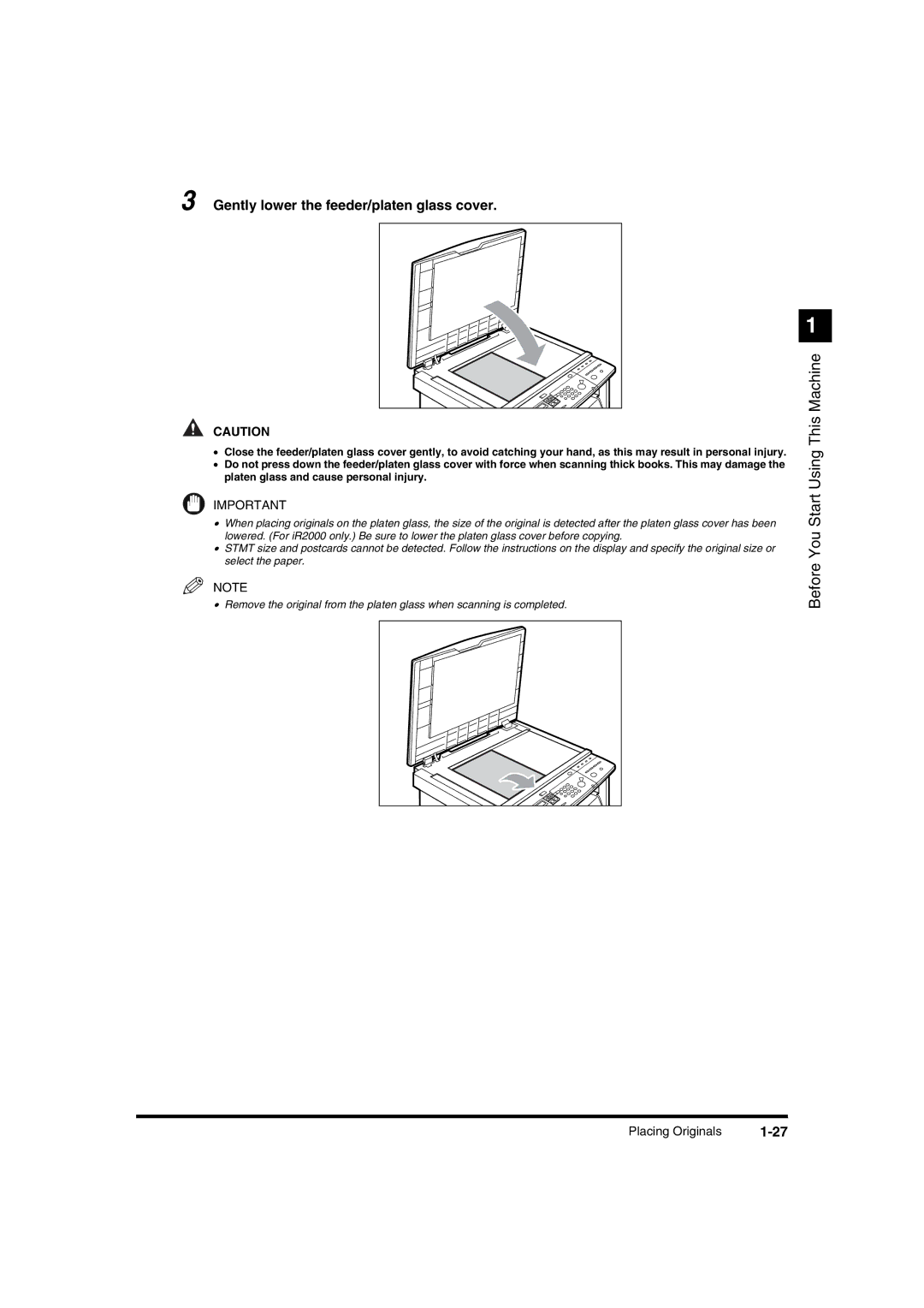 Canon IR1600 manual Gently lower the feeder/platen glass cover 