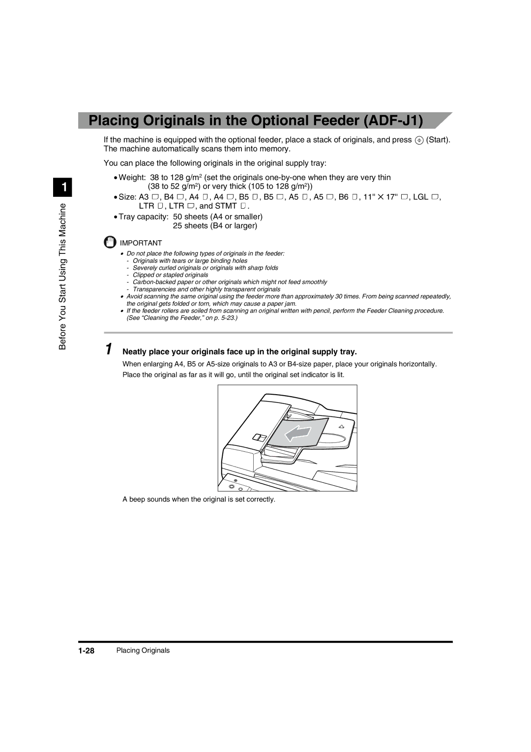 Canon IR1600 manual Placing Originals in the Optional Feeder ADF-J1 