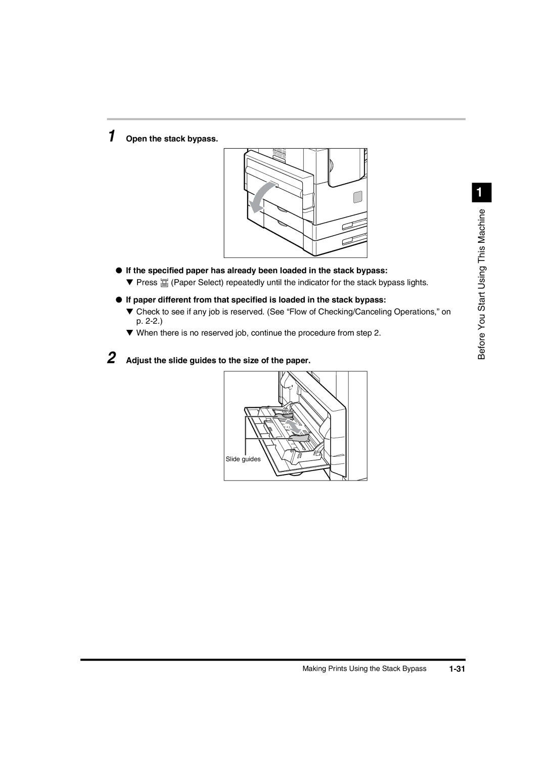 Canon IR1600 manual Adjust the slide guides to the size of the paper 