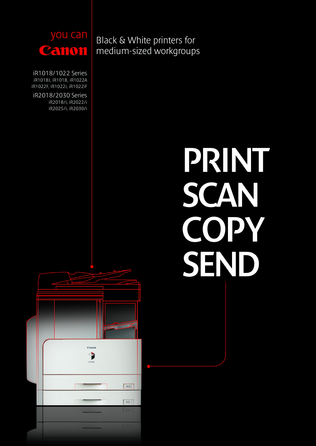 Canon IR1018J manual Copy Send, Print Scan, Black & White printers for medium-sized workgroups, iR1018/1022 Series 