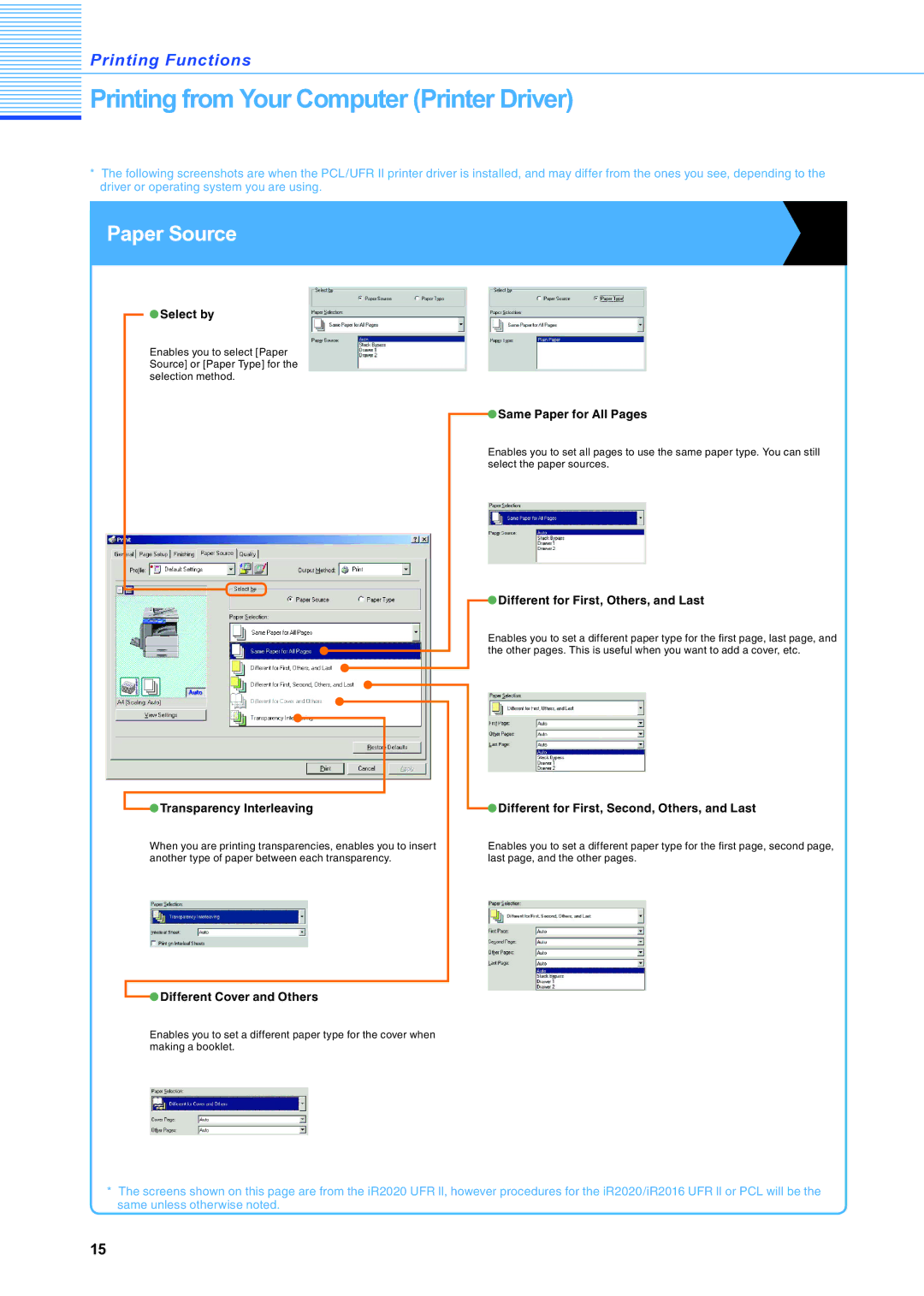 Canon IR2020 manual Paper Source, Select by, Same Paper for All Pages, Different for First, Others, and Last 