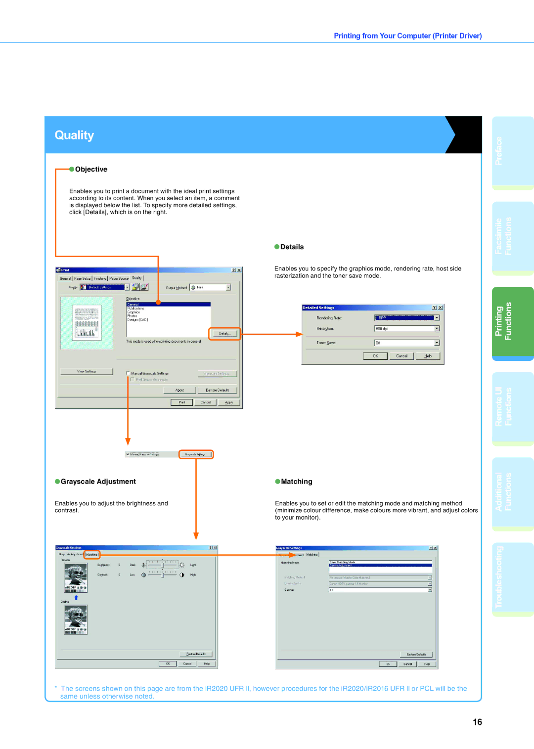 Canon IR2020 manual Quality, Objective, Grayscale Adjustment, Details, Matching 