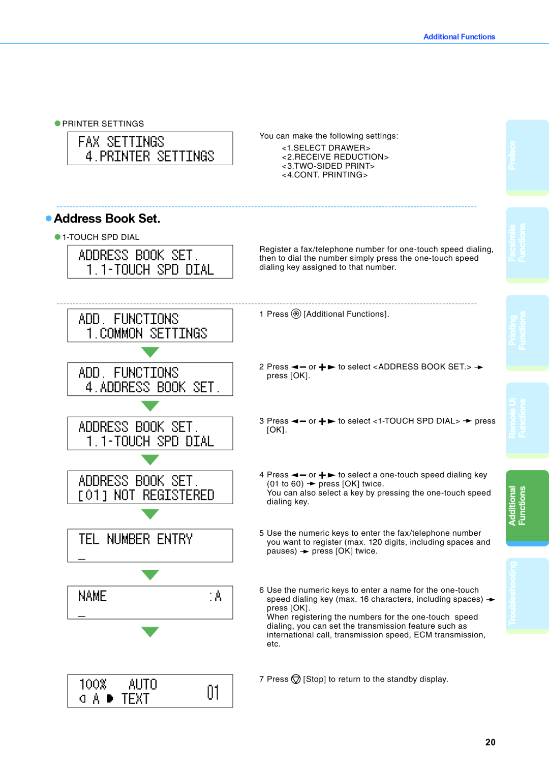 Canon IR2020 manual Address Book Set, FAX Settings 4.PRINTER Settings, ADD. Functions 4.ADDRESS Book SET 