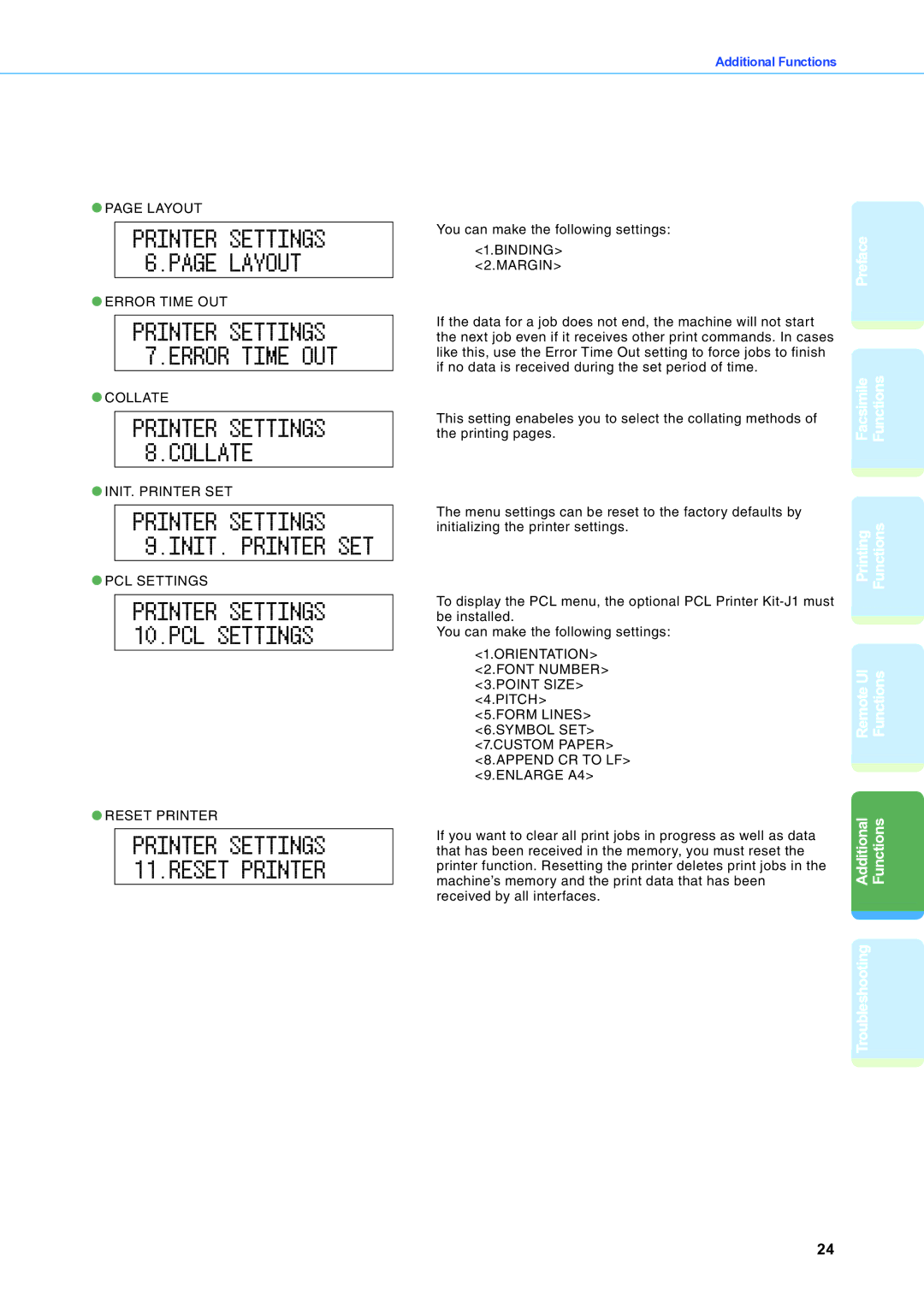 Canon IR2020 manual Printer Settings 6.PAGE Layout, Printer Settings 7.ERROR Time OUT, Printer Settings 8.COLLATE 