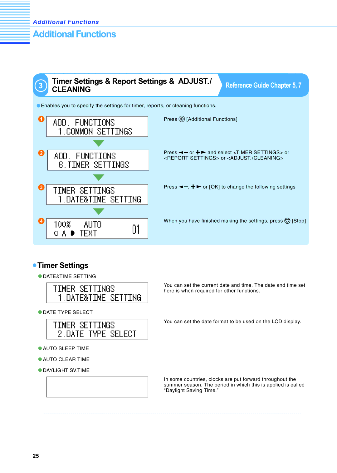 Canon IR2020 manual Timer Settings & Report Settings & Adjust, Timer Settings 2.DATE Type Select, Reference Guide 