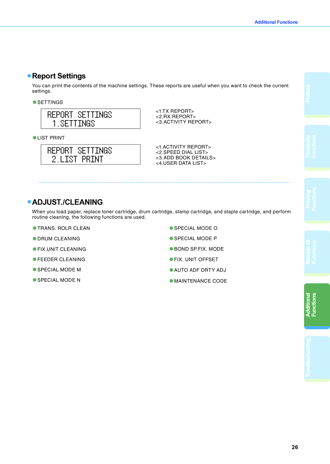 Canon IR2020 manual Report Settings, Printing Functions 