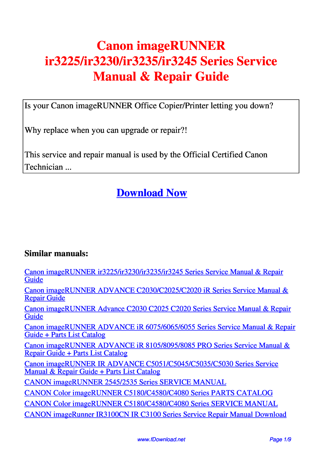 Canon service manual Canon imageRUNNER ir3225/ir3230/ir3235/ir3245 Series Service, Manual & Repair Guide, Download Now 