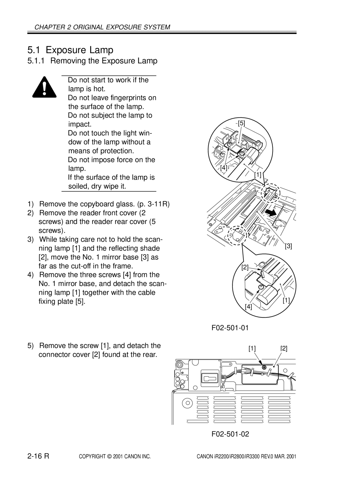 Canon IR2800, IR3300, IR2200 manual Removing the Exposure Lamp, F02-501-01 F02-501-02 16 R 