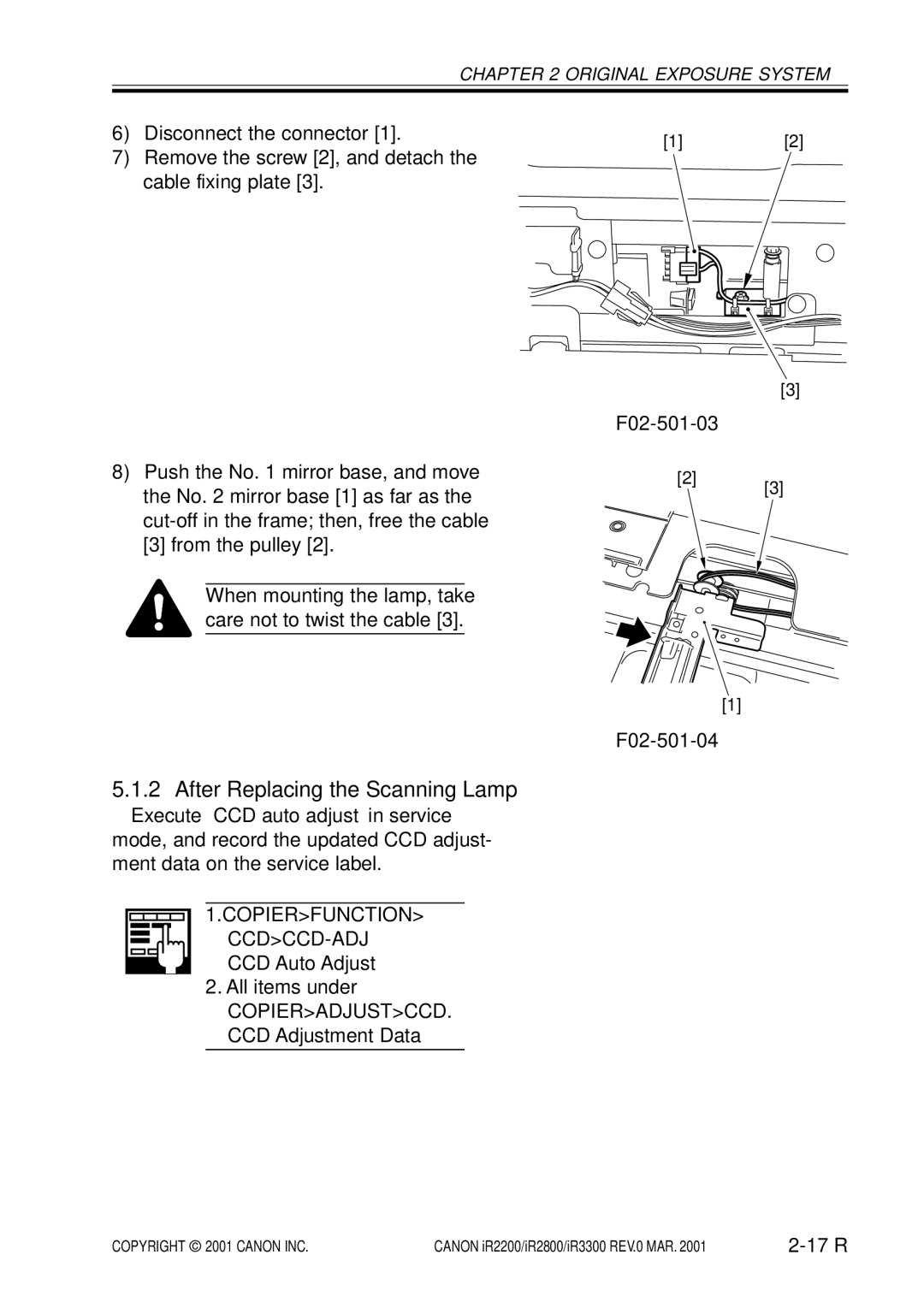Canon IR2200, IR3300, IR2800 manual After Replacing the Scanning Lamp, Copierfunction CCDCCD-ADJ, F02-501-03 F02-501-04 