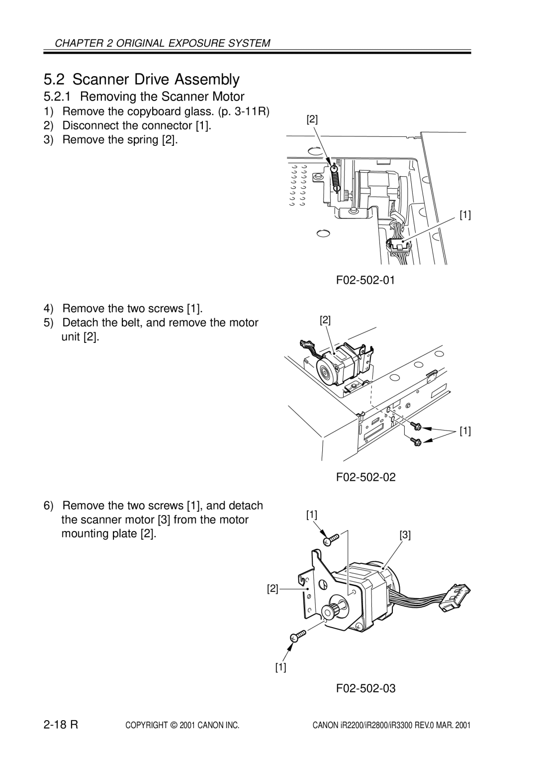 Canon IR3300, IR2800, IR2200 manual Scanner Drive Assembly, Removing the Scanner Motor, F02-502-02 F02-502-03 18 R 