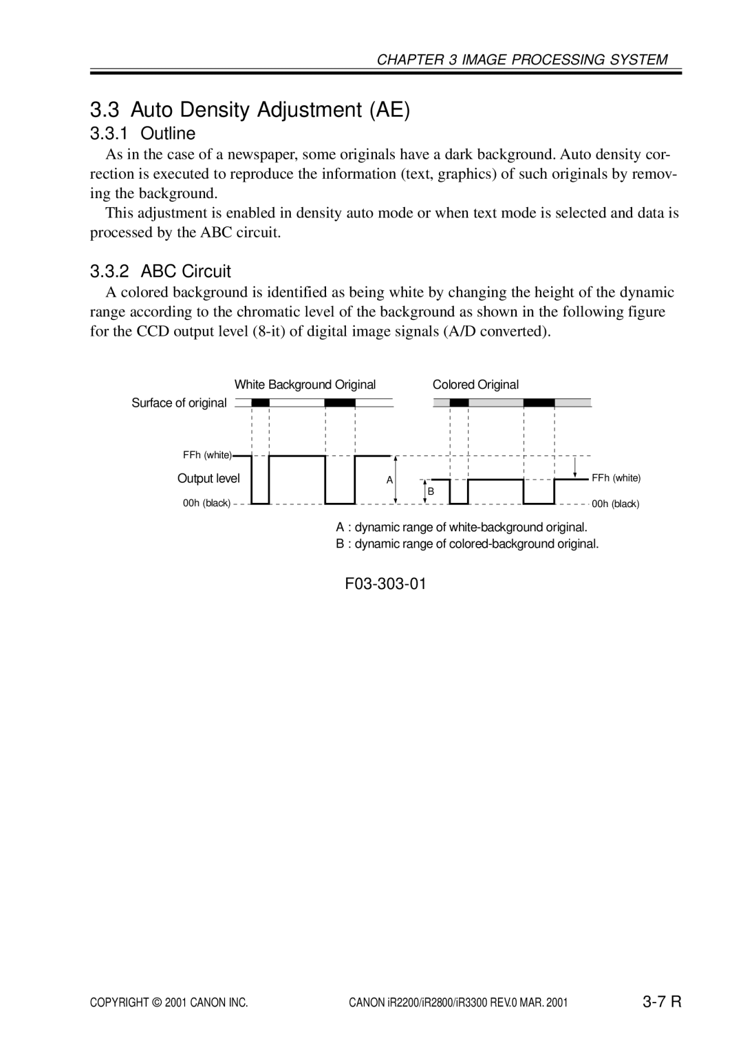 Canon IR2800, IR3300, IR2200 manual Auto Density Adjustment AE, ABC Circuit, F03-303-01 